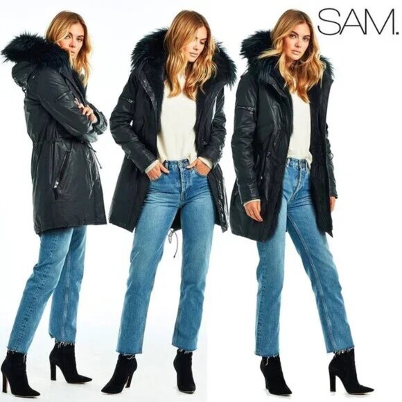 💥STUNNING!💥SAM. VTG 100% SILVER FOX FUR HOOD/PARTiAL LINING/TRIM BLACK PARKA - Picture 1 of 16